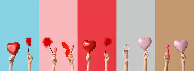 Set of hands with different sex toys and hearts on color background. Valentine's Day celebration