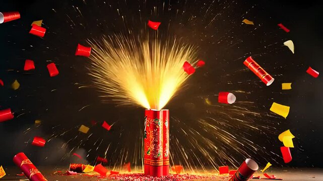 Lit Firecracker Exploding with Sparks and Red Wrapping

