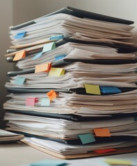 Stacked Binders with Colorful Notes and Documents