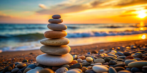 Pebble Pyramid Balanced on Beach with Ocean View – A Stunning Display of Zen, Harmony, and Meditation, Creating a Spa-Like Tranquility and Balance Concept with Soft Blur in the Background