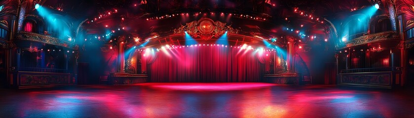 Vibrant circus stage with red velvet curtains, illuminated with colorful spotlights, festive scene