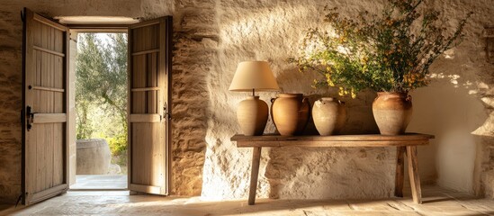 Charming traditional trullo house with a conical roof and rustic stone walls adorned with large ceramic pots and an elegant lamp vertical orientation