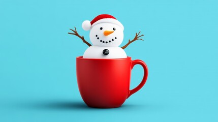 Snowman is in a red cup. The snowman is smiling and wearing a hat. The cup is red and the background is blue