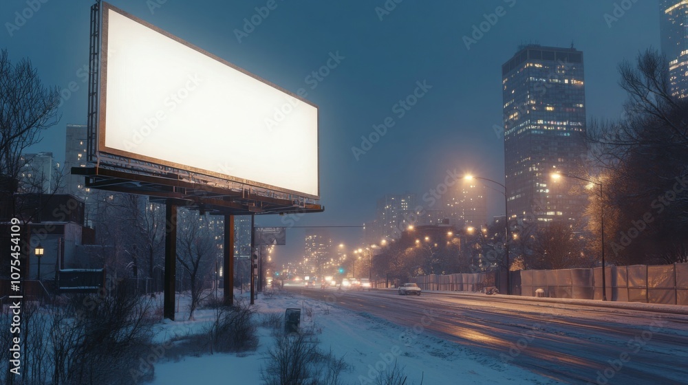 Aufkleber a large empty billboard stands in a snowy urban landscape during a winter evening. surrounding build