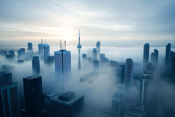 Obraz premium aerial view of modern city in fog