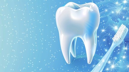 Healthy Shiny Tooth and Toothbrush on Sparkling Background for Dental Care Concept