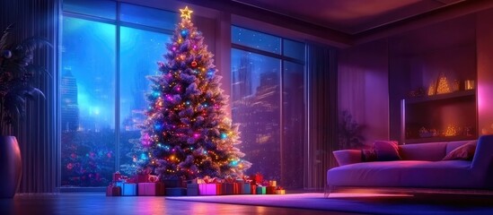 Christmas tree adorned with colorful gifts in a cozy house interior perfect for holiday celebrations