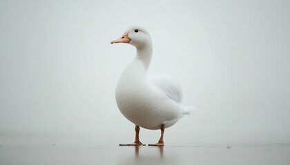 Fototapeta premium White duck standing gracefully, minimalistic white background