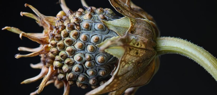 Close up of a unique plant featuring a distinctive cephalus showcasing intricate details and textures for botanical study