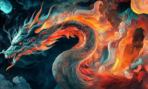 A vibrant, swirling dragon with fiery colors and intricate patterns against a dark backdrop.