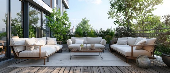 lounge chairs and tables.modern outdoor living room with trees concept.