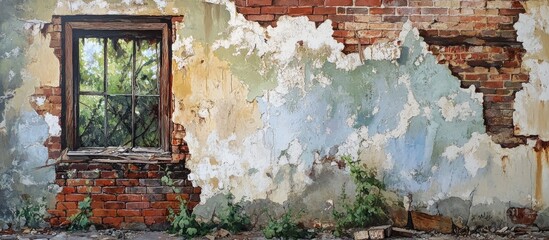 Chipped brick walls of an abandoned house evoking a sense of mystery and decay
