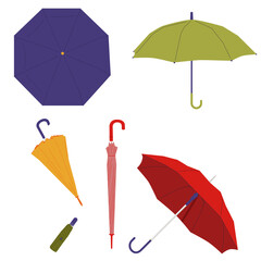 Open, closed and folded umbrellas set. Rain protection parasols for rainy weather. Protecting accessories with handles.
