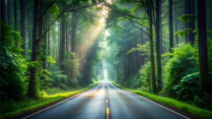 Obraz premium A Serene Photograph of a Straight Road Through a Dense Green Forest – Towering Trees, Soft Mist in the Background, and a Wet Road Reflecting Light for a Calm, Peaceful Atmosphere