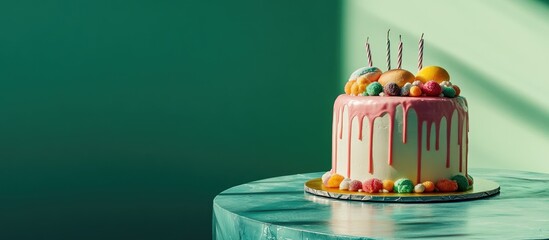 Colorful birthday cake adorned with assorted sweets placed on a table beside a vibrant green wall