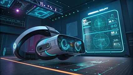Futuristic virtual reality headset in a high-tech environment