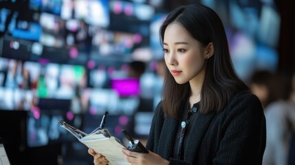 Fototapeta premium Asian journalist taking notes while surrounded by breaking news graphics in a bustling newsroom environment, showcasing the essence of modern journalism and media dynamics.