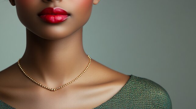 Woman with a gold necklace closeup on collarbone smooth skin muted background minimalist elegance
