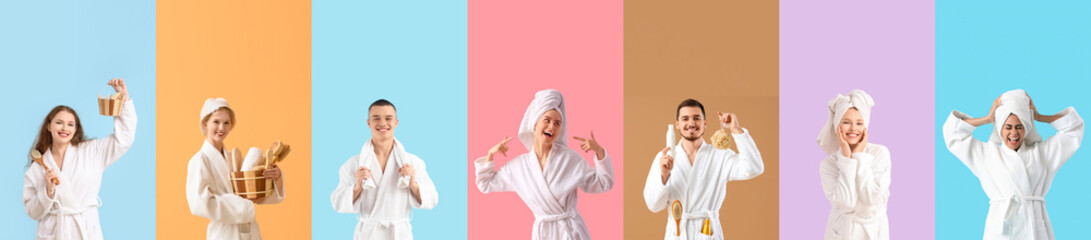 Collage of different people with sauna supplies on color background