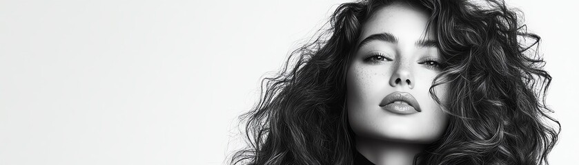 Fototapeta premium woman with curly hair posing in front of a solid background, with copy space on the side isolate white background