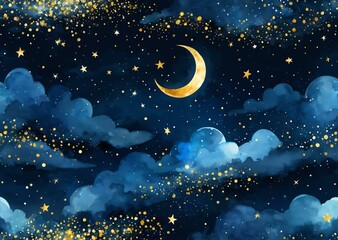 Naklejka premium Whimsical Night Sky with Glowing Stars and Moon