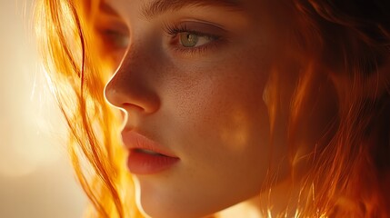 Woman with flowing red hair gazes softly dreamy lighting ethereal beauty closeup warm tones