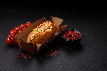 Hotdog with grilled sausage with cabbage, carrots and onions