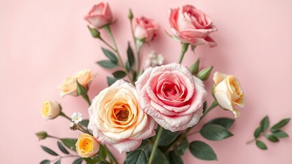 spring roses and other flowers on a soft pink pastel background, loose florals, natural elegance, bohemian decor