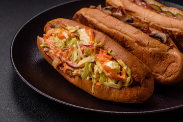 Hotdog with grilled sausage with cabbage, carrots and onions
