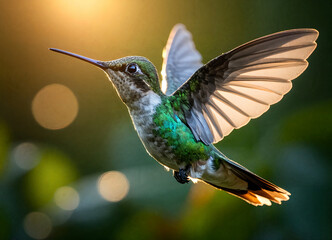 Fototapeta premium Create an intricate cinematic photograph of a swift hummingbird in a nostalgic setting under a glowing sunset, capturing authentic emotions and details with Panasonic Lumix GH5.