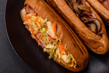 Hotdog with grilled sausage with cabbage, carrots and onions