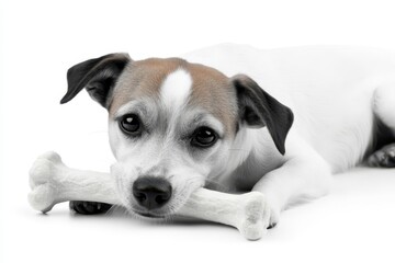 a dog laying down with a bone in its mouth