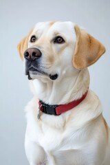 a dog wearing a red collar and a white background