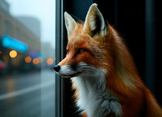 Fototapeta premium Capturing an Urban Fox: A Cinematic Exploration of Reflection and Ethereal Beauty in a Futuristic Cityscape