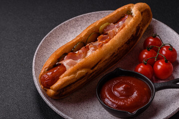 Hotdog with grilled sausage with bacon and mushrooms