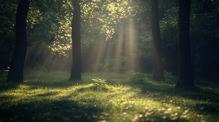 Obraz premium Tranquil forest scene with sunlight filtering through tall trees, casting beautiful rays and soft shadows on the lush green forest floor