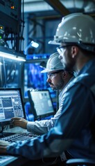 Industrial Technicians Monitoring High-Tech Pellet Furnace in Modern Digital Control Room