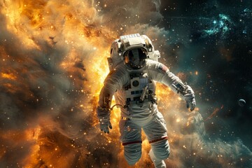 Fototapeta premium Portrait of Astronaut Posing in a Space Suit During a Spacewalk Mission on a Spaceship. Neural network ai generated art