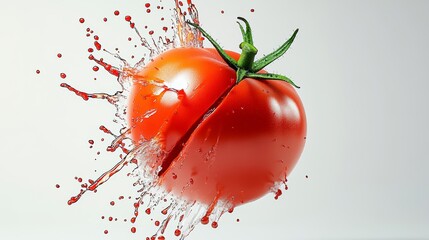 Tomato is sliced in half and splattered with red paint. The splatter effect gives the tomato a sense of motion and energy