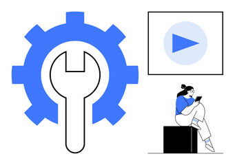 Gear and wrench indicating tools and settings, while a person interacts with a tablet and a play button is shown. Ideal for technology, maintenance, tutorials, DIY, online learning, user guides