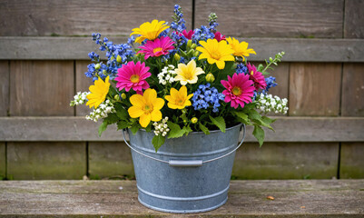 Fototapeta premium A colorful bouquet of flowers sits in a metal bucket on a wooden bench