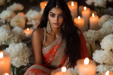 Indian Woman in Golden Sari with Candlelight and Flowers1