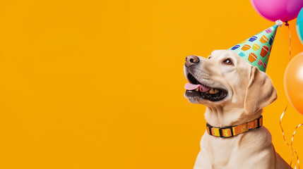 Joyful Labrador with party hat against yellow background with balloons