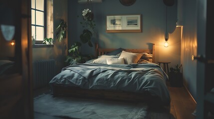 Beautiful Colored Mockup Bedroom Interior Blank Poster Decoration Art Background Image, generative AI