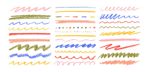 Vector set of multicolored charcoal pencil underlines and dividers. Crayon drawn lines, rough strokes.