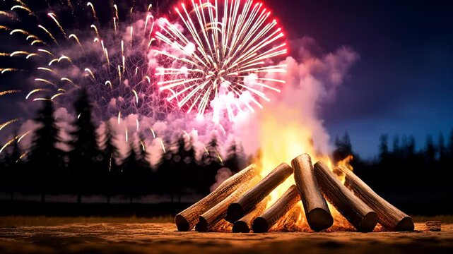 Celebrating anf enjoy a mesmerizing display of fireworks lighting up the night sky over a warm bonfire