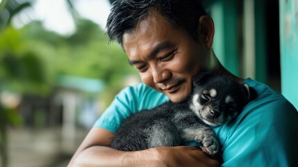 Obraz premium Compassionate Veterinarian Comforting Rescued Animal with Gentle Care and Love in a Serene Setting, Highlighting the Bond Between Humans and Pets