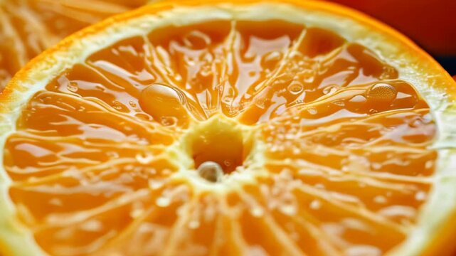 Detailed close-up of a vibrant orange slice with glistening juice droplets, showcasing its freshness and bright citrus appeal. 