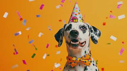 Joyful Dalmatian with party hat and bowtie against orange confetti background