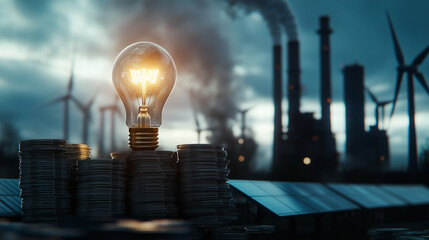 Enormous light bulb gleaming over tall stacks of electricity bills, surrounded by silhouettes of wind turbines and solar panels, with thermal and hydroelectric plants in the backgr